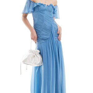 ASOS DESIGN Frill Bardot Ruched Maxi Dress in Blue, Size 12 and 14